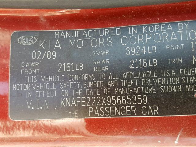 KNAFE222X95665359 - 2009 KIA SPECTRA EX RED photo 10