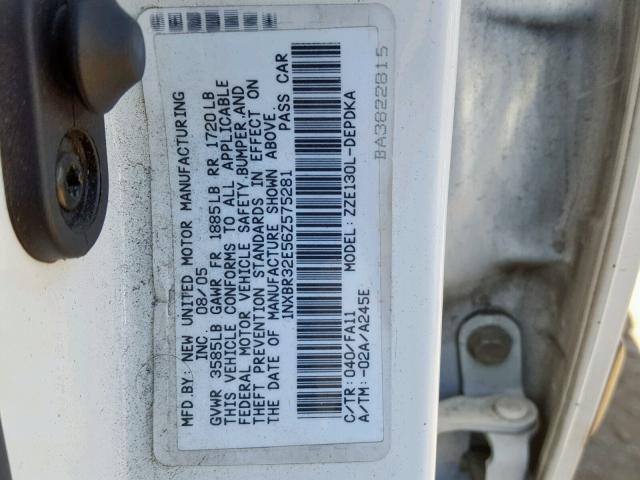 1NXBR32E56Z575281 - 2006 TOYOTA COROLLA CE WHITE photo 10