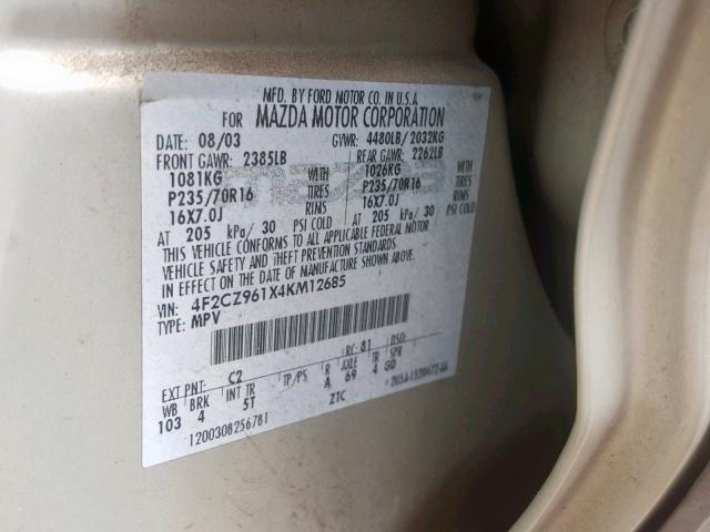4F2CZ961X4KM12685 - 2004 MAZDA TRIBUTE ES 银色 照片 10