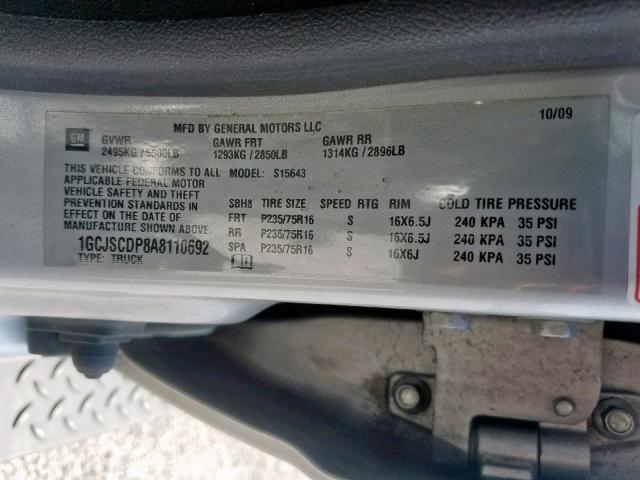 1GCJSCDP8A8110692 - 2010 CHEVROLET COLORADO L SILVER photo 10