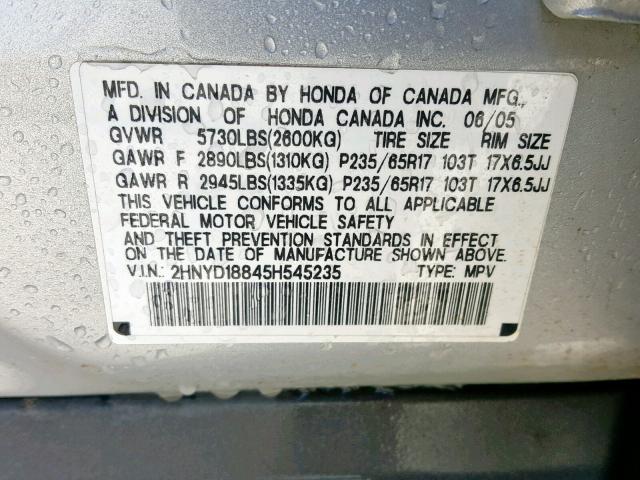 2HNYD18845H545235 - 2005 ACURA MDX TOURIN SILVER photo 10