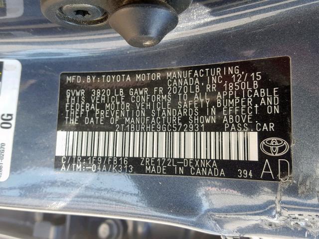 2T1BURHE9GC572931 - 2016 TOYOTA COROLLA L SILVER photo 10