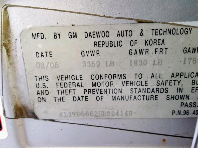 KL1TD56626B524149 - 2006 CHEVROLET AVEO BASE Gümüş foto 10