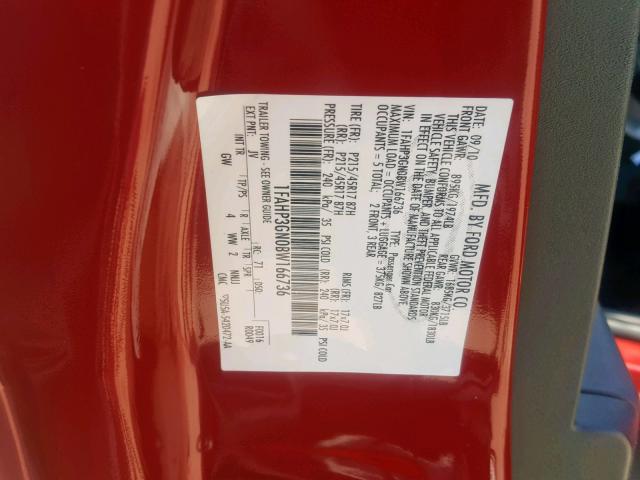 1FAHP3GN0BW166736 - 2011 FORD FOCUS SES RED photo 10