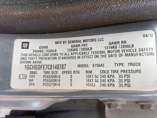 1GCHSDFE7C8148787 - 2012 CHEVROLET COLORADO L GRAY photo 10