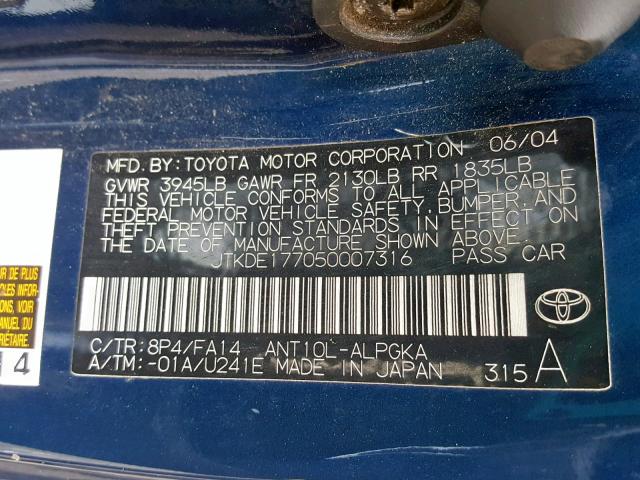 JTKDE177050007316 - 2005 TOYOTA SCION TC ლურჯი ფოტო 10