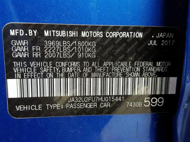 JA32U2FU7HU015441 - 2017 MITSUBISHI LANCER ES BLUE photo 10