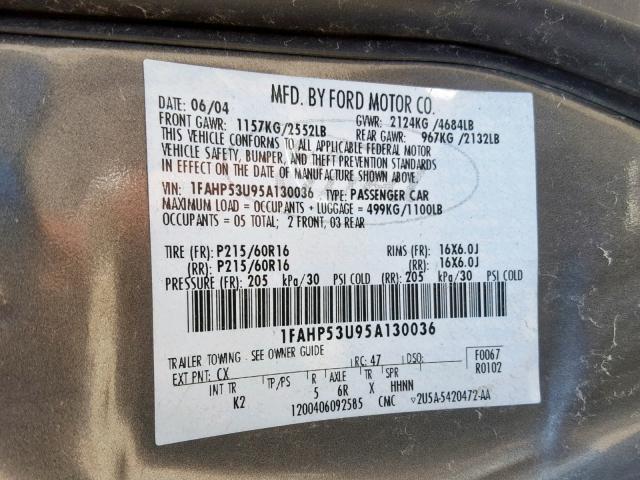 1FAHP53U95A130036 - 2005 FORD TAURUS SE GRAY photo 10