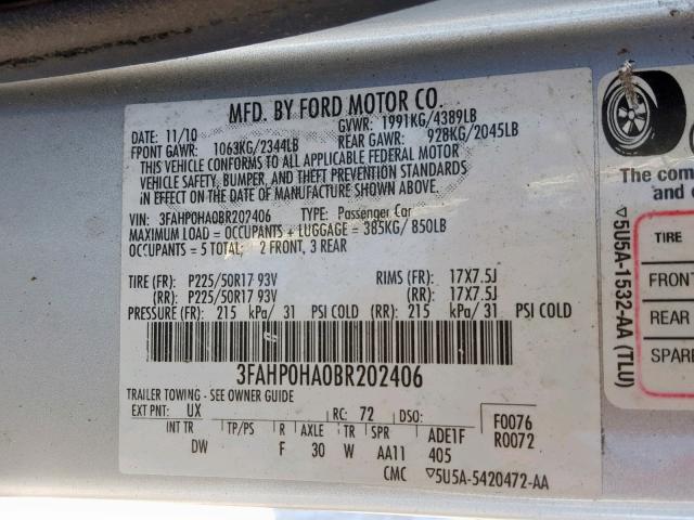 3FAHP0HA0BR202406 - 2011 FORD FUSION SE SILVER photo 10