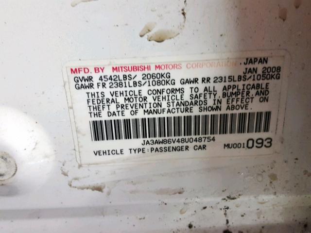 JA3AW86V48U048754 - 2008 MITSUBISHI LANCER EVO WHITE photo 10