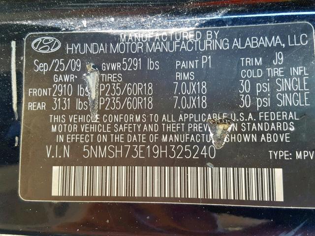 5NMSH73E19H325240 - 2009 HYUNDAI SANTA FE S BLUE photo 10