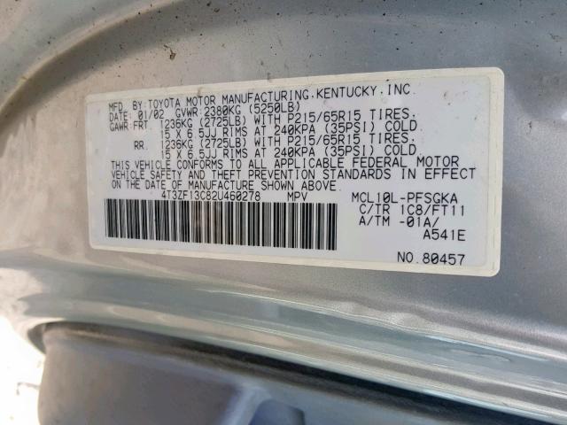 4T3ZF13C82U460278 - 2002 TOYOTA SIENNA LE SILVER photo 10