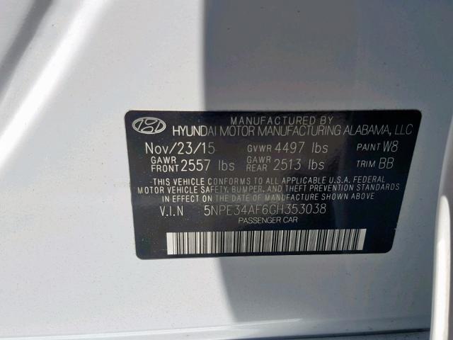 5NPE34AF6GH353038 - 2016 HYUNDAI SONATA SPO WHITE photo 10