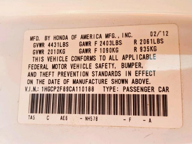 1HGCP2F89CA110188 - 2012 HONDA ACCORD EXL WHITE photo 10