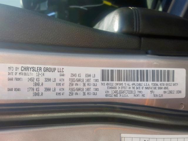 1C4RDJDG0FC722813 - 2015 DODGE DURANGO LI GRAY photo 10