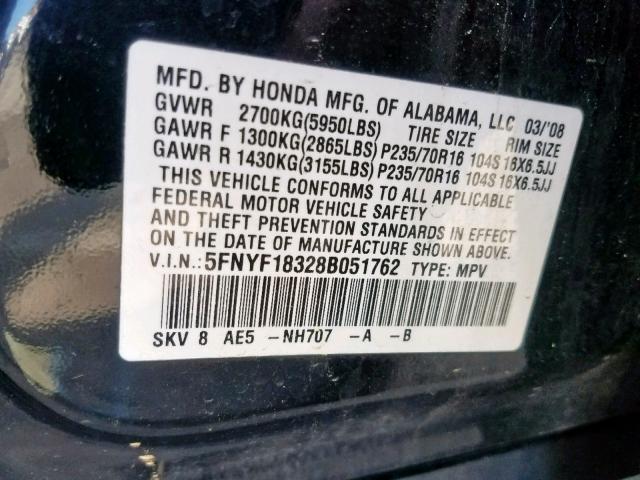 5FNYF18328B051762 - 2008 HONDA PILOT SE BLACK photo 10