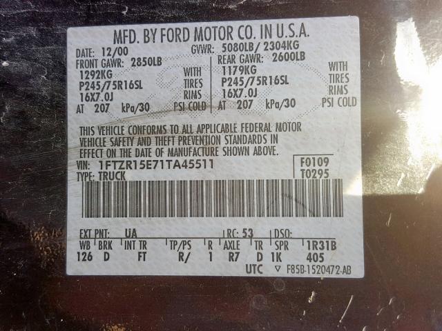 1FTZR15E71TA45511 - 2001 FORD RANGER SUP BLACK photo 10