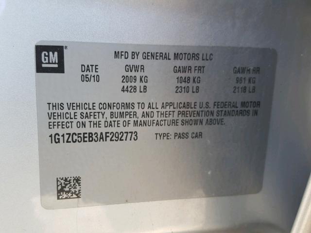 1G1ZC5EB3AF292773 - 2010 CHEVROLET MALIBU 1LT SILVER photo 10