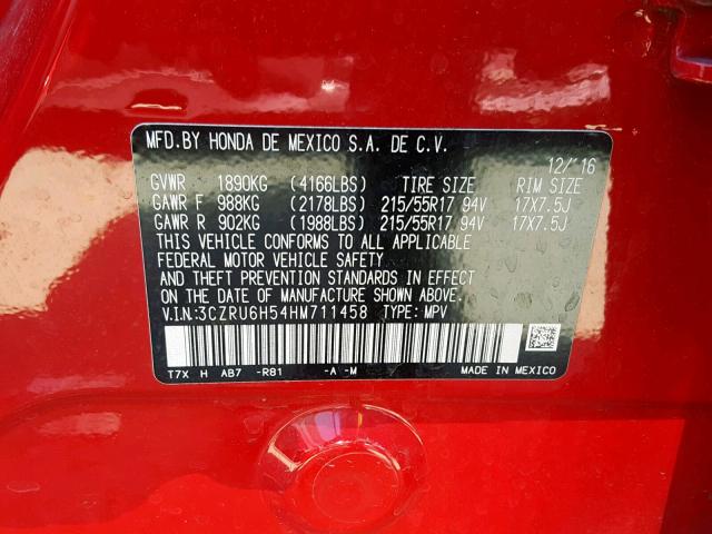 3CZRU6H54HM711458 - 2017 HONDA HR-V EX RED photo 10