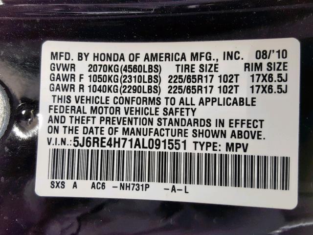 5J6RE4H71AL091551 - 2010 HONDA CR-V EXL BLACK photo 10