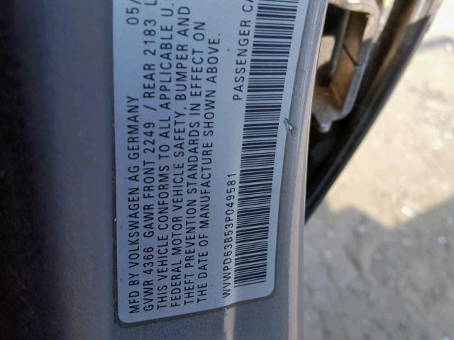 WVWPD63B53P049581 - 2003 VOLKSWAGEN PASSAT GLS GRAY photo 10