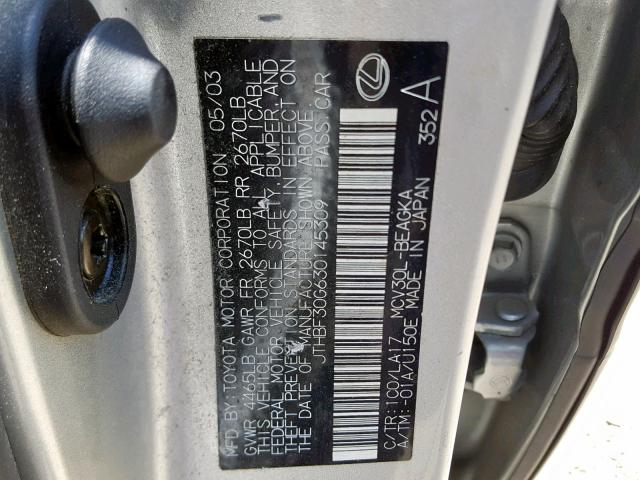 JTHBF30G630145309 - 2003 LEXUS ES 300 SILVER photo 10