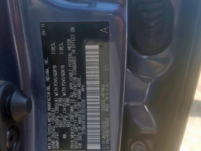 5TDKKRFHXES024038 - 2014 TOYOTA HIGHLANDER BLUE photo 10