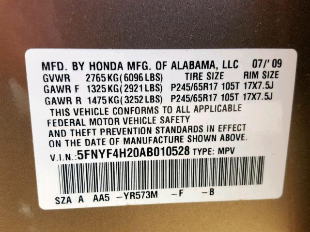 5FNYF4H20AB010528 - 2010 HONDA PILOT LX GOLD photo 10