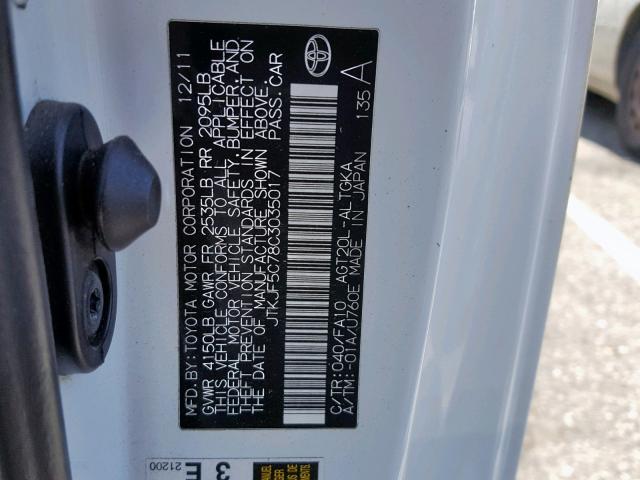 JTKJF5C78C3035017 - 2012 TOYOTA SCION TC თეთრი ფოტო 10