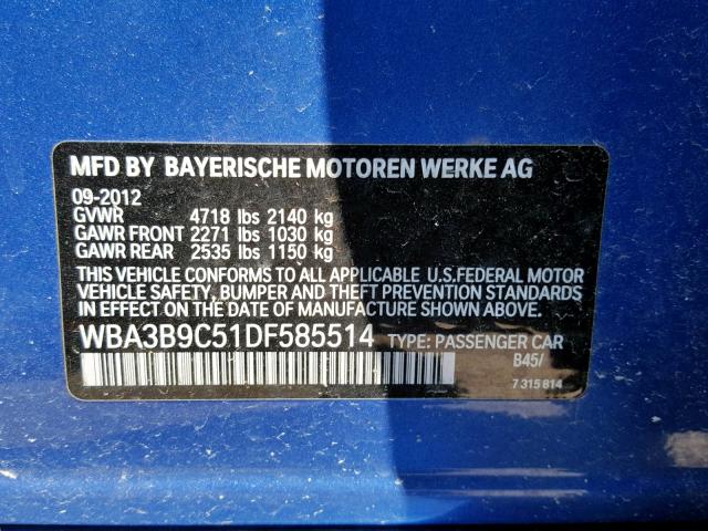 WBA3B9C51DF585514 - 2013 BMW 335 XI BLUE photo 10