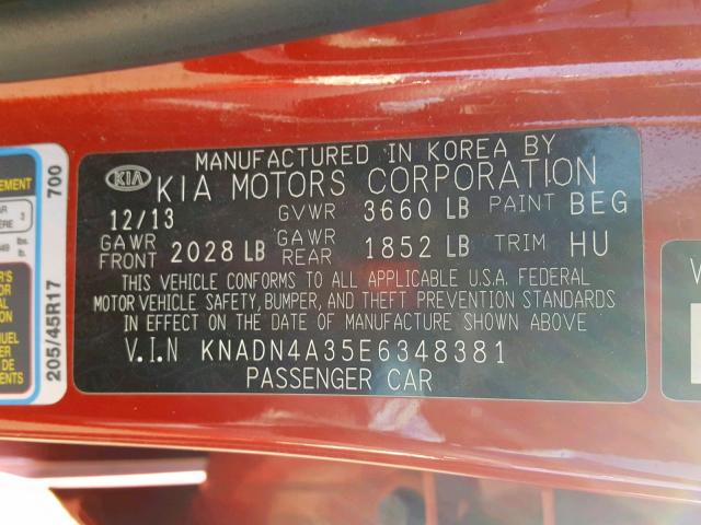 KNADN4A35E6348381 - 2014 KIA RIO EX RED photo 10