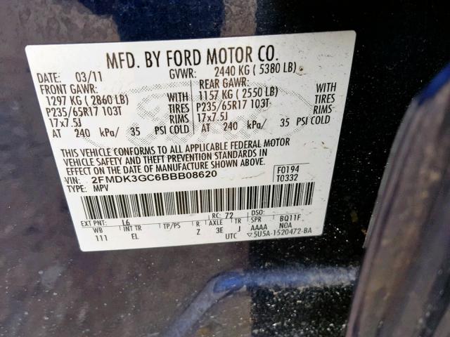 2FMDK3GC6BBB08620 - 2011 FORD EDGE SE BLUE photo 10