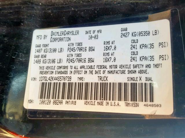 1D7GL42K44S570739 - 2004 DODGE DAKOTA SLT BLACK photo 10