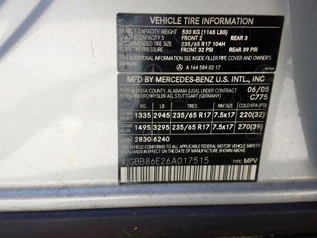 4JGBB86E26A017515 - 2006 MERCEDES-BENZ ML 350 SILVER photo 10