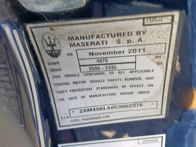 ZAM45KLA8C0062376 - 2012 MASERATI GRANTURISM BLUE photo 10