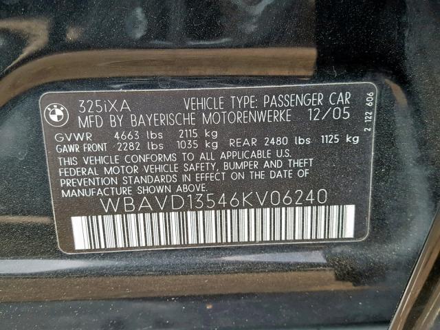 WBAVD13546KV06240 - 2006 BMW 325XI BLACK photo 10