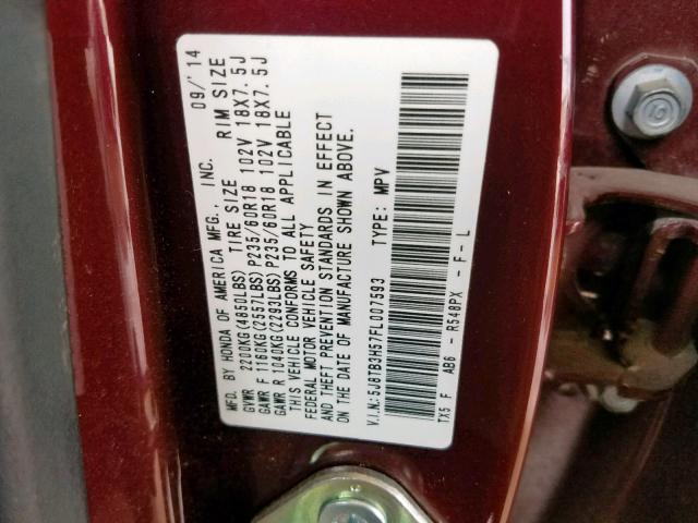 5J8TB3H57FL007593 - 2015 ACURA RDX TECHNO MAROON photo 10