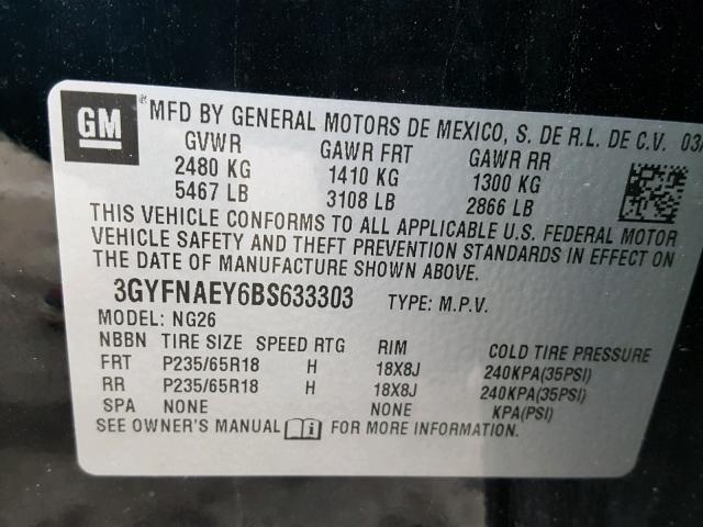 3GYFNAEY6BS633303 - 2011 CADILLAC SRX LUXURY BLACK photo 10