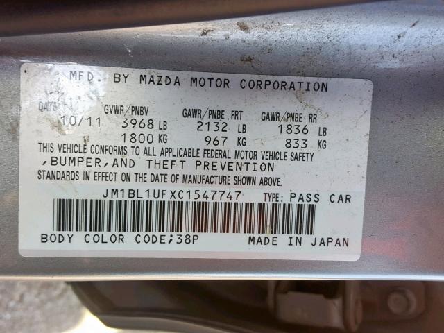 JM1BL1UFXC1547747 - 2012 MAZDA 3 I SILVER photo 10