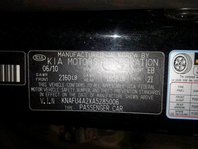 KNAFU4A2XA5285006 - 2010 KIA FORTE EX BLACK photo 10