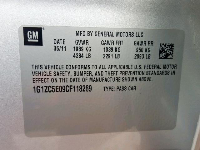 1G1ZC5E09CF118269 - 2012 CHEVROLET MALIBU 1LT 银色 照片 10