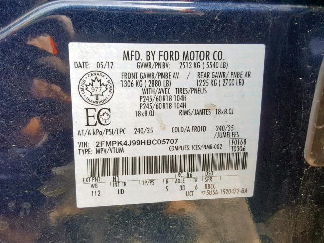 2FMPK4J99HBC05707 - 2017 FORD EDGE SEL BLUE photo 10