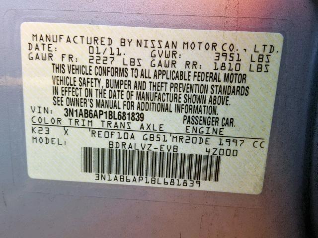 3N1AB6AP1BL681839 - 2011 NISSAN SENTRA 2.0 SILVER photo 10