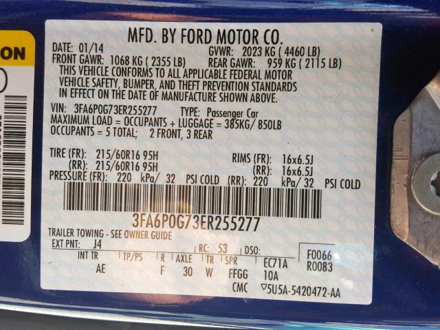 3FA6P0G73ER255277 - 2014 FORD FUSION S BLUE photo 10