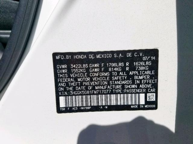 3HGGK5G81FM717077 - 2015 HONDA FIT EX WHITE photo 10