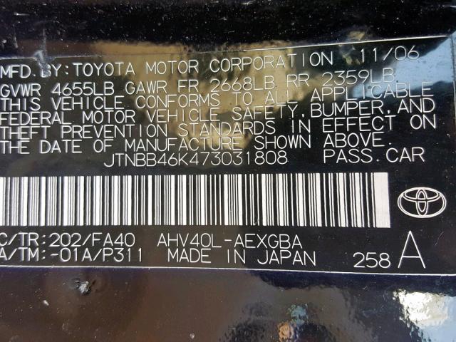 JTNBB46K473031808 - 2007 TOYOTA CAMRY NEW BLACK photo 10