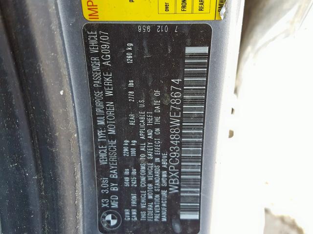 WBXPC93488WE78674 - 2008 BMW X3 3.0SI GRAY photo 10