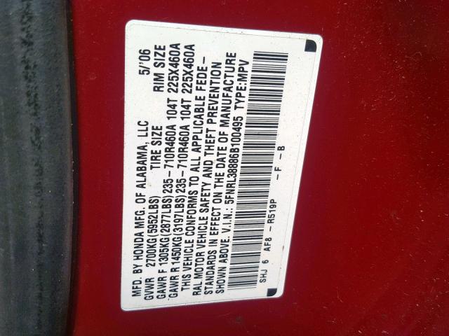 5FNRL38886B100495 - 2006 HONDA ODYSSEY TO MAROON photo 10