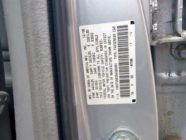 1HGCP26839A086981 - 2009 HONDA ACCORD EXL SILVER photo 10