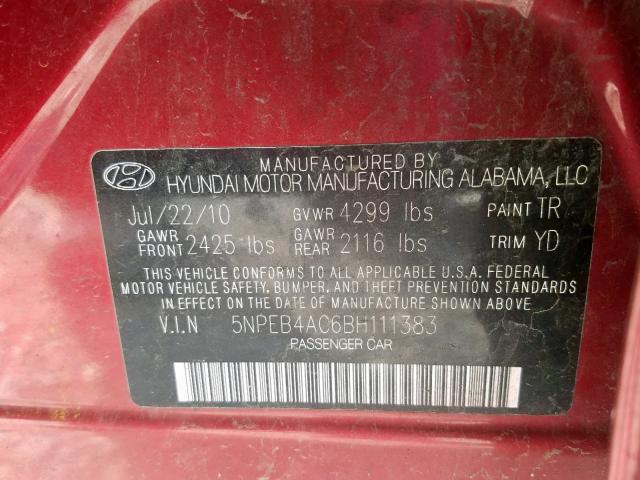 5NPEB4AC6BH111383 - 2011 HYUNDAI SONATA GLS BURGUNDY photo 10